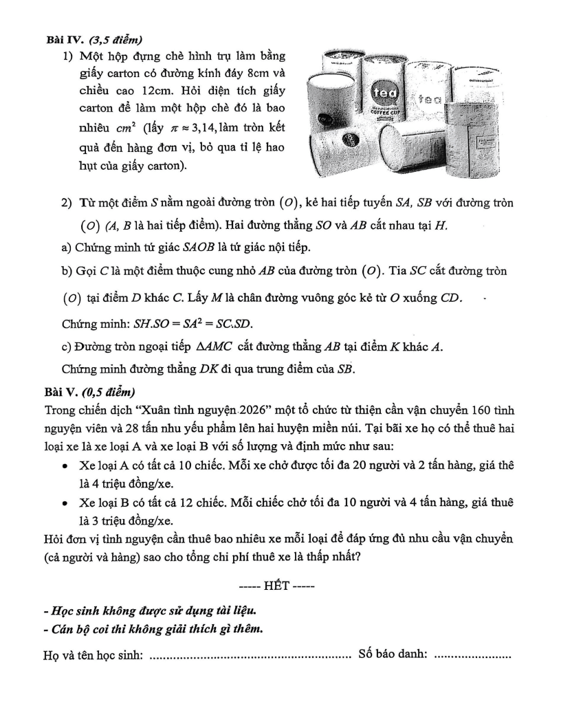Đề thi Giữa kì 2 Toán 9 trường THCS Trưng Vương (Hà Nội) năm 2025-2026