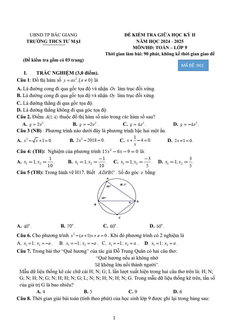 Đề thi Giữa kì 2 Toán 9 trường THCS Tư Mại (Bắc Giang) năm 2024-2025