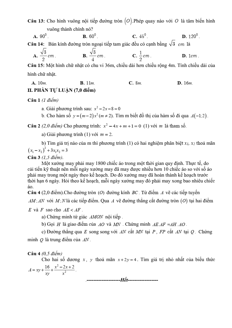 Đề thi Giữa kì 2 Toán 9 trường THCS Vân Hà (Bắc Ninh) năm 2025-2026