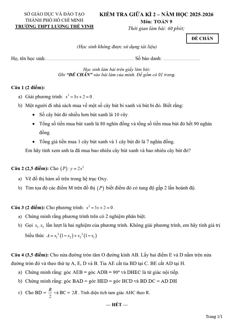 Đề thi Giữa kì 2 Toán 9 trường THPT Lương Thế Vinh (TP HCM) năm 2025-2026