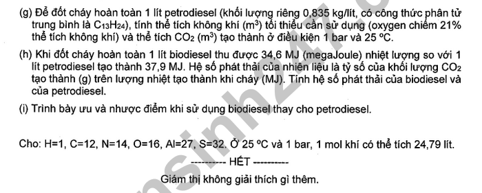 Đề chính thức thi Hóa học vào lớp 10 trường Phổ thông năng khiếu HCM