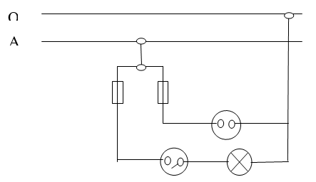 Vẽ sơ đồ nguyên lí mạch điện bảng điện gồm 2 cầu chì, 1 ổ