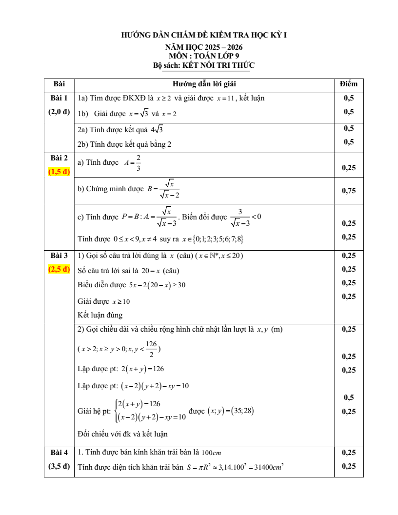 Đề thi Học kì 1 Toán 9 cụm chuyên môn số 14 Hà Nội năm 2025-2026