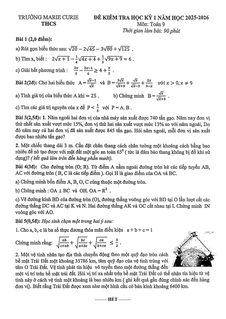 Đề thi Học kì 1 Toán 9 trường Marie Curie năm 2025-2026
