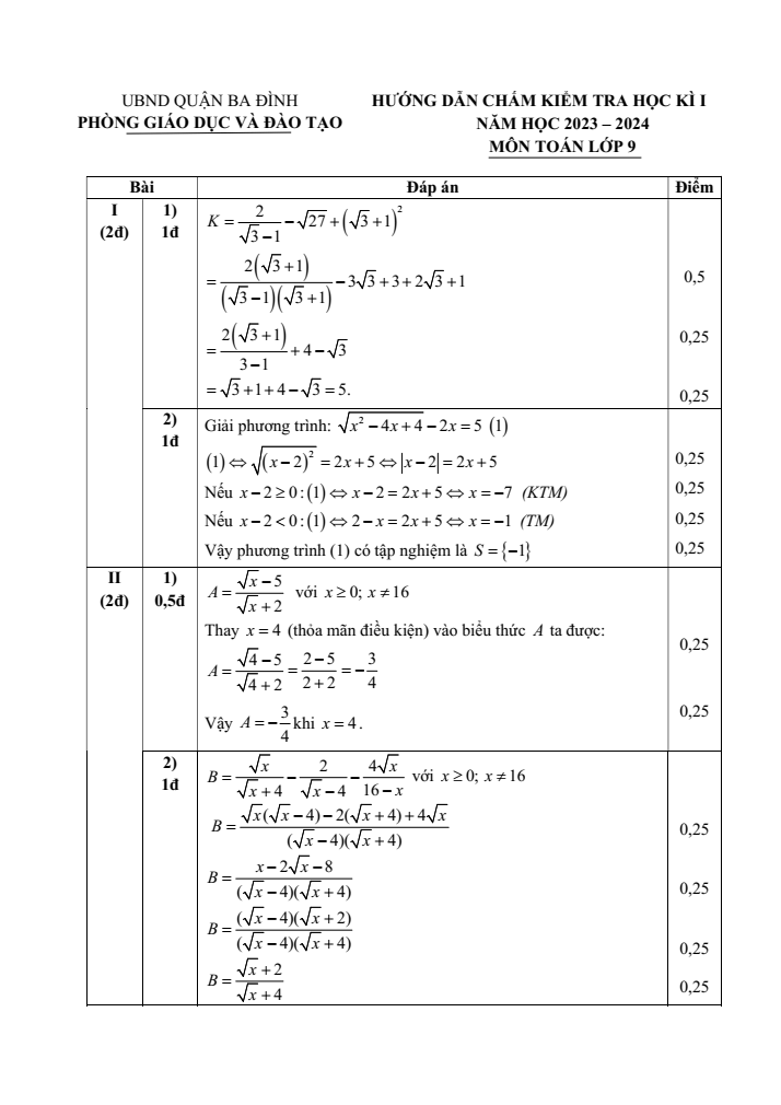 Đề thi Học kì 1 Toán 9 năm 2023-2024 phòng GD&ĐT Ba Đình (Hà Nội)