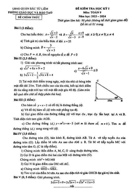 Đề thi Học kì 1 Toán 9 năm 2023-2024 phòng GD&ĐT Bắc Từ Liêm (Hà Nội)
