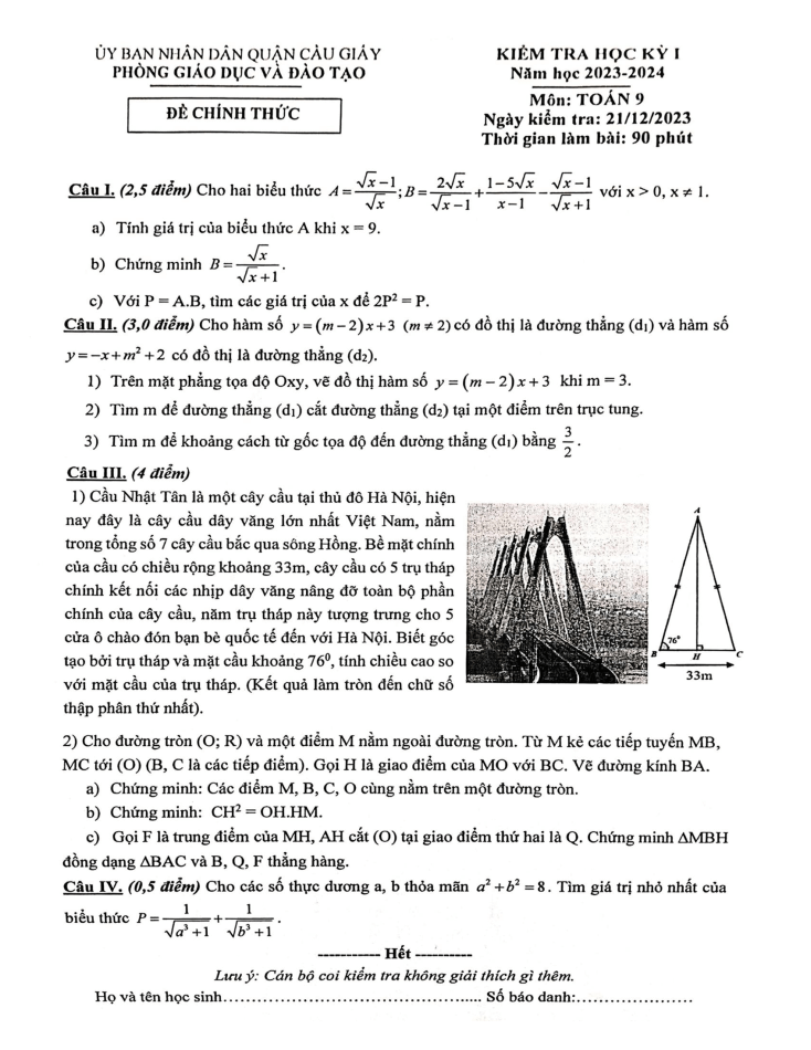 Đề thi Học kì 1 Toán 9 năm 2023-2024 phòng GD&ĐT Cầu Giấy (Hà Nội)