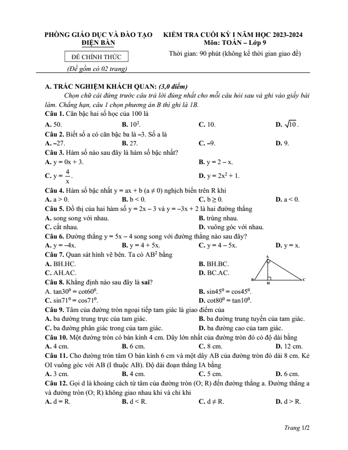 Đề thi Học kì 1 Toán 9 năm 2023-2024 phòng GD&ĐT Điện Bàn (Quảng Nam)