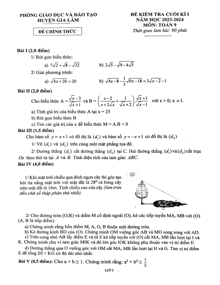 Đề thi Học kì 1 Toán 9 năm 2023-2024 phòng GD&ĐT Gia Lâm (Hà Nội)
