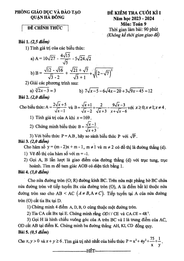 Đề thi Học kì 1 Toán 9 năm 2023-2024 phòng GD&ĐT Hà Đông (Hà Nội)