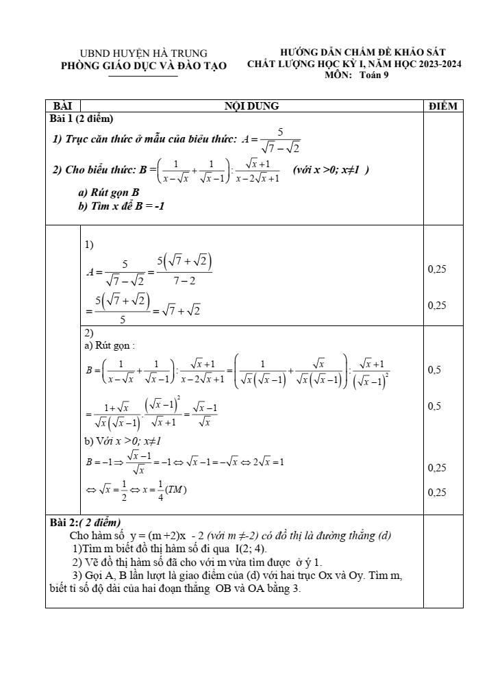 Đề thi Học kì 1 Toán 9 năm 2023-2024 phòng GD&ĐT Hà Trung (Thanh Hóa)