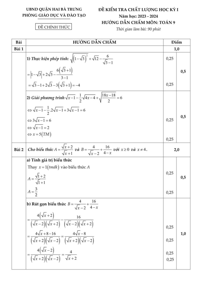 Đề thi Học kì 1 Toán 9 năm 2023-2024 phòng GD&ĐT Hai Bà Trưng (Hà Nội)