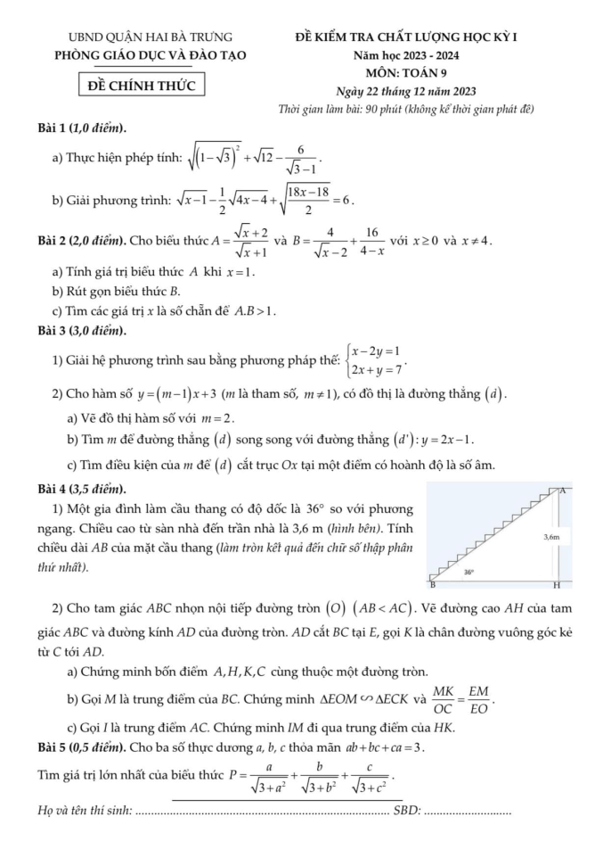 Đề thi Học kì 1 Toán 9 năm 2023-2024 phòng GD&ĐT Hai Bà Trưng (Hà Nội)