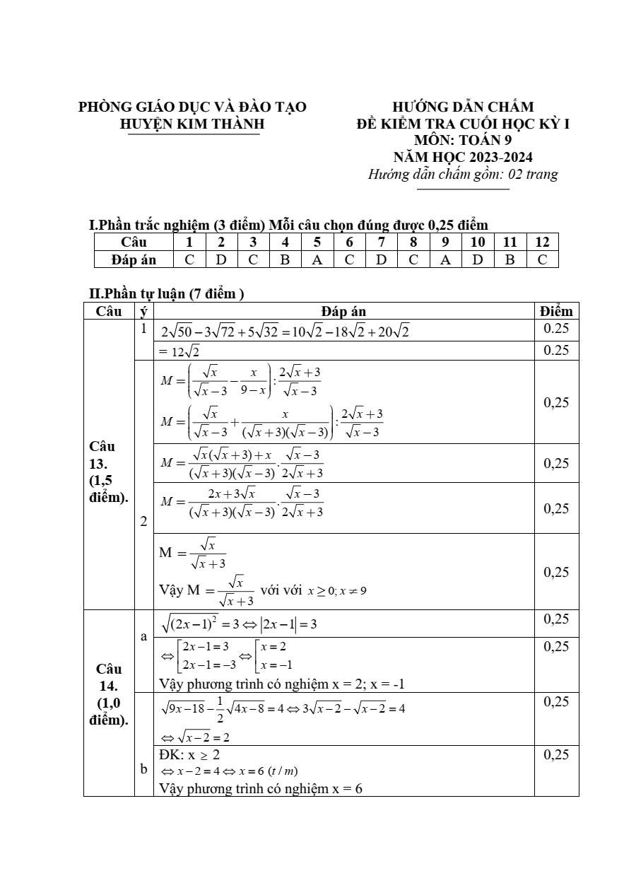 Đề thi Học kì 1 Toán 9 năm 2023-2024 phòng GD&ĐT Kim Thành (Hải Dương)
