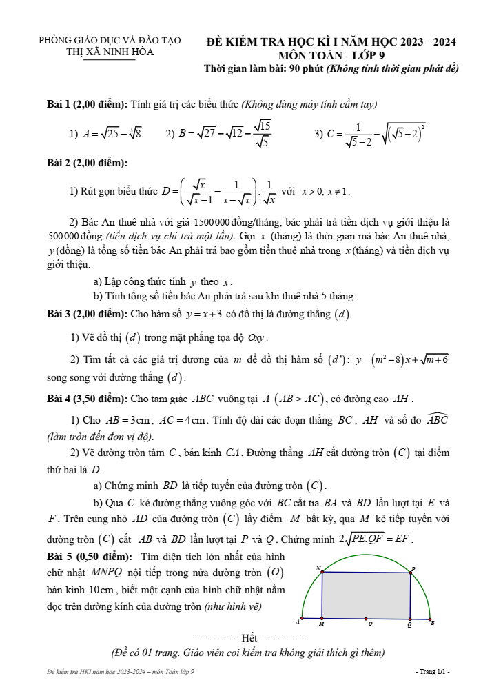 Đề thi Học kì 1 Toán 9 năm 2023-2024 phòng GD&ĐT Ninh Hòa (Khánh Hòa)