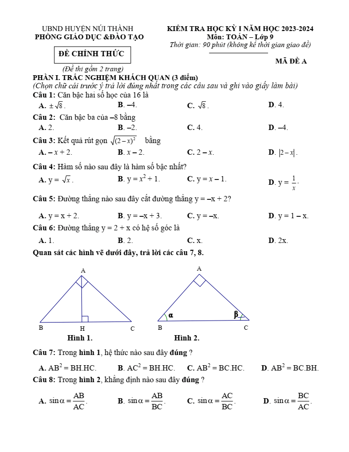 Đề thi Học kì 1 Toán 9 năm 2023-2024 phòng GD&ĐT Núi Thành (Quảng Nam)