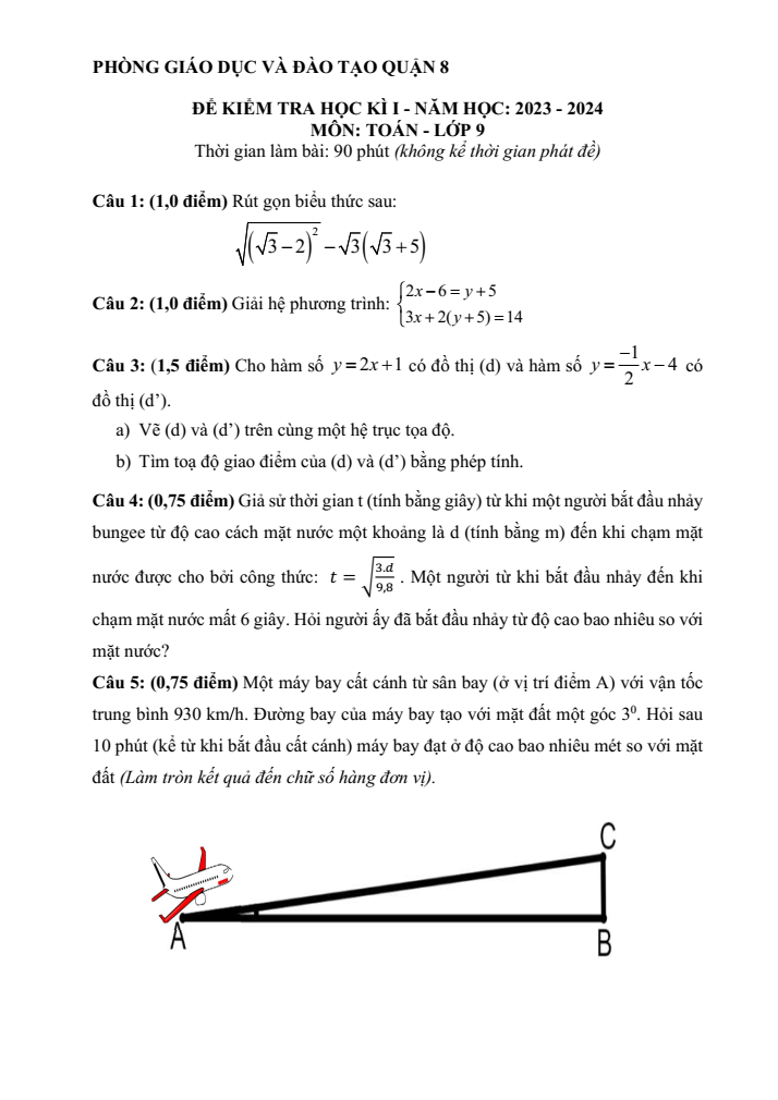 Đề thi Học kì 1 Toán 9 năm 2023-2024 phòng GD&ĐT quận 8 (Tp. HCM)