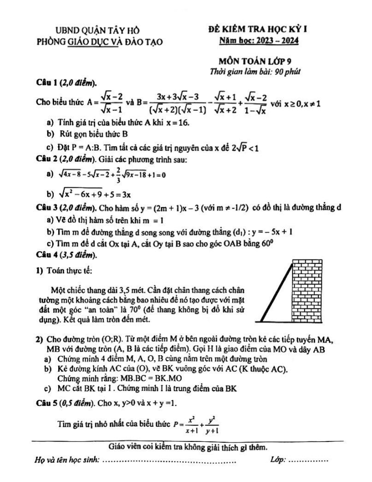Đề thi Học kì 1 Toán 9 năm 2023-2024 phòng GD&ĐT Tây Hồ (Hà Nội)