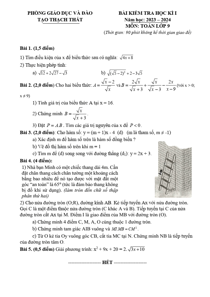 Đề thi Học kì 1 Toán 9 năm 2023-2024 phòng GD&ĐT Thạch Thất (Hà Nội)