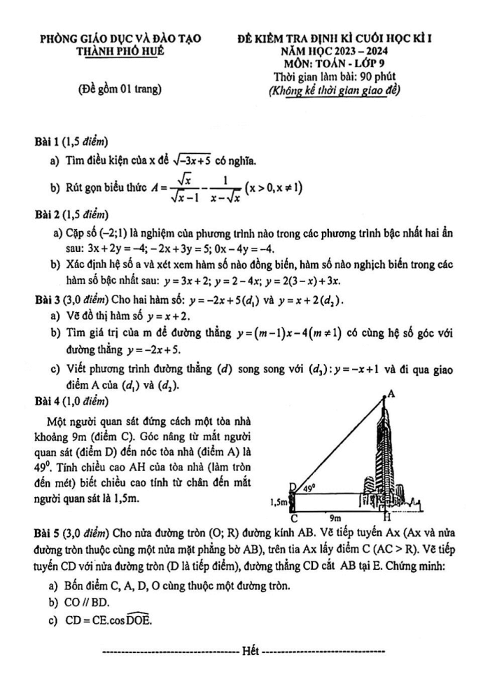Đề thi Học kì 1 Toán 9 năm 2023-2024 phòng GD&ĐT thành phố Huế