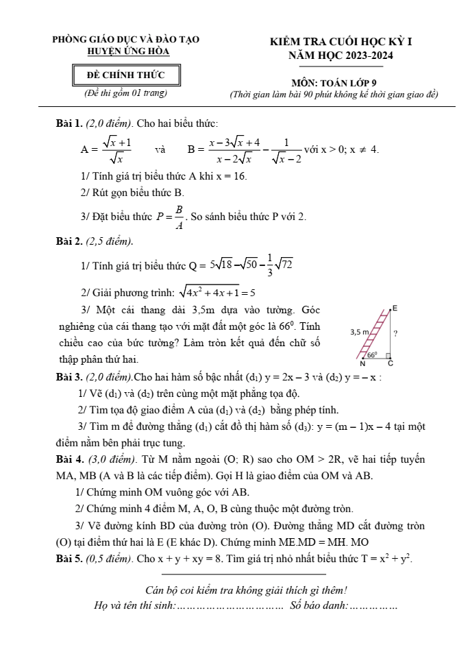 Đề thi Học kì 1 Toán 9 năm 2023-2024 phòng GD&ĐT Ứng Hòa(Hà Nội)