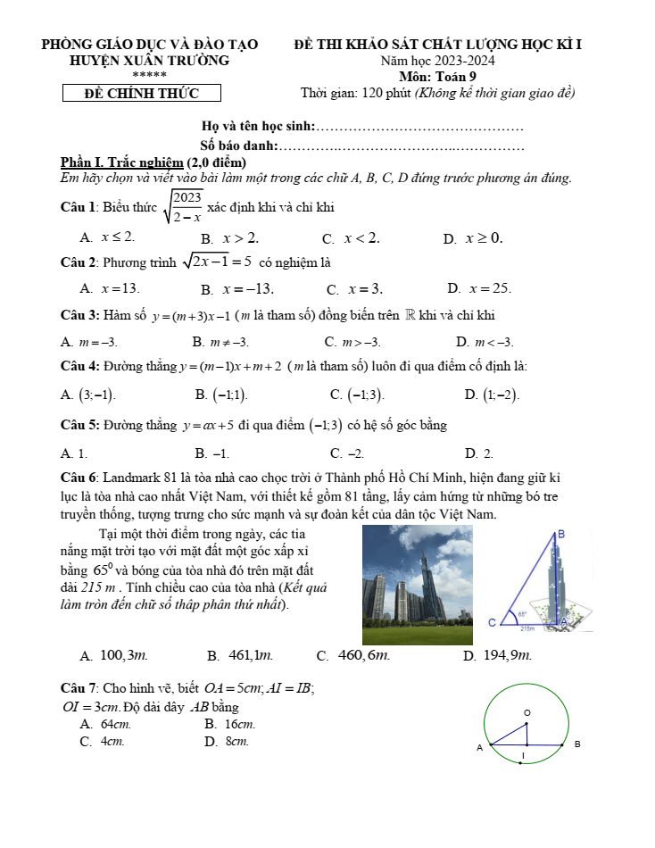 Đề thi Học kì 1 Toán 9 năm 2023-2024 phòng GD&ĐT Xuân Trường (Nam Định)