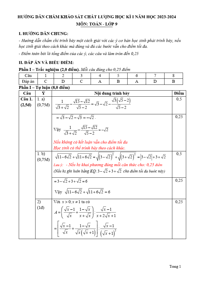 Đề thi Học kì 1 Toán 9 năm 2023-2024 phòng GD&ĐT Ý Yên (Nam Định)