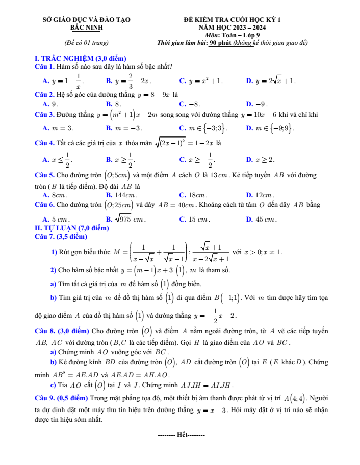 Đề thi Học kì 1 Toán 9 năm 2023-2024 sở GD&ĐT Bắc Ninh