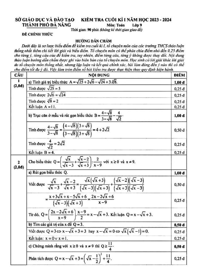 Đề thi Học kì 1 Toán 9 năm 2023-2024 sở GD&ĐT Đà Nẵng