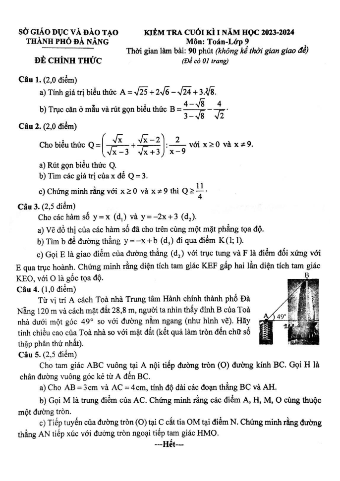 Đề thi Học kì 1 Toán 9 năm 2023-2024 sở GD&ĐT Đà Nẵng