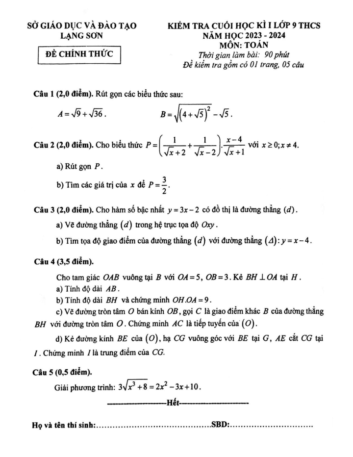 Đề thi Học kì 1 Toán 9 năm 2023-2024 sở GD&ĐT Lạng Sơn