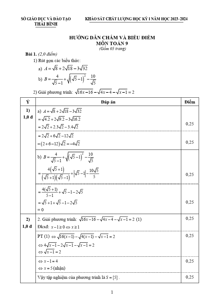 Đề thi Học kì 1 Toán 9 năm 2023-2024 sở GD&ĐT Thái Bình