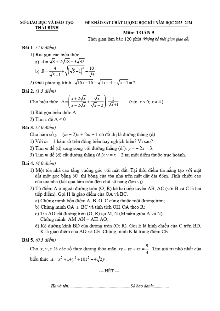 Đề thi Học kì 1 Toán 9 năm 2023-2024 sở GD&ĐT Thái Bình