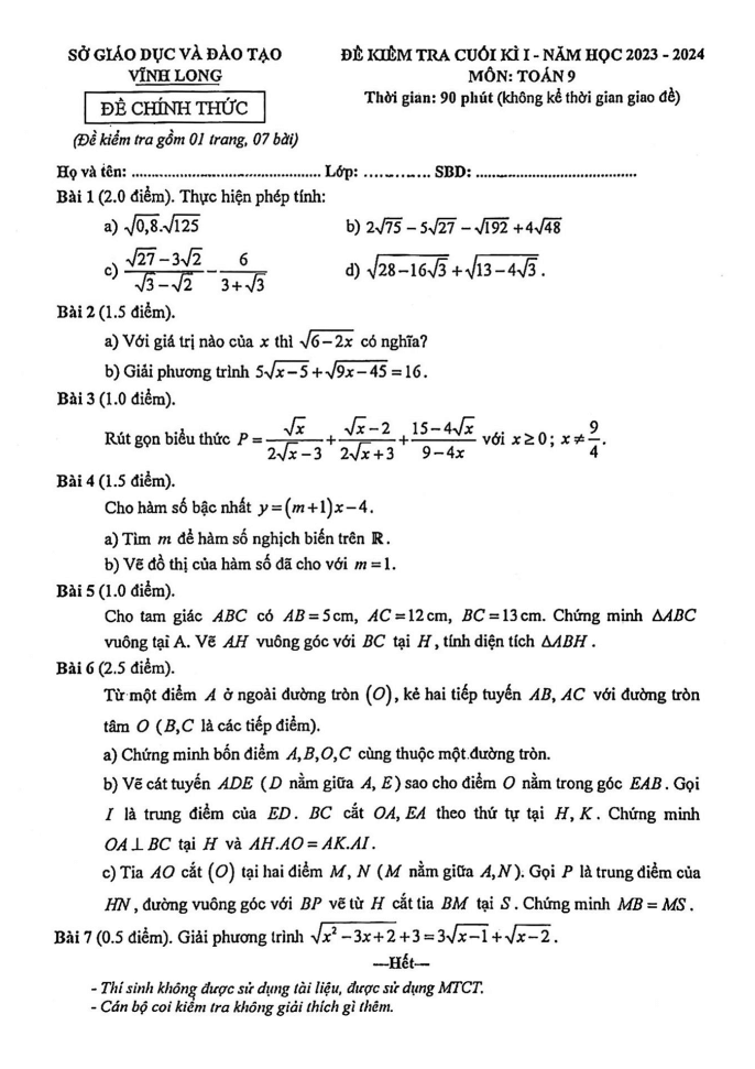 Đề thi Học kì 1 Toán 9 năm 2023-2024 sở GD&ĐT Vĩnh Long