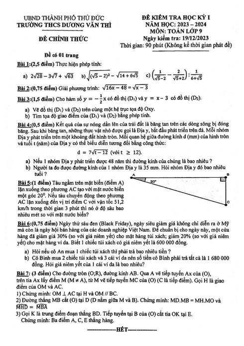 Đề thi Học kì 1 Toán 9 năm 2023-2024 trường THCS Dương Văn Thì (Tp. HCM)