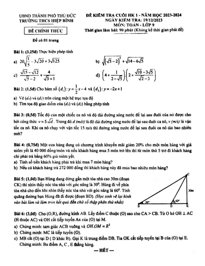 Đề thi Học kì 1 Toán 9 năm 2023-2024 trường THCS Hiệp Bình (Tp. HCM)