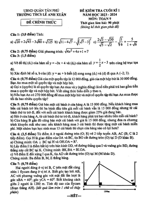 Đề thi Học kì 1 Toán 9 năm 2023-2024 trường THCS Lê Anh Xuân (Tp. HCM)