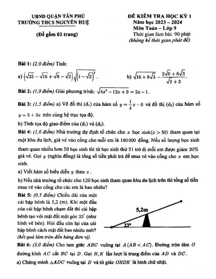 Đề thi Học kì 1 Toán 9 năm 2023-2024 trường THCS Nguyễn Huệ (Tp. HCM)