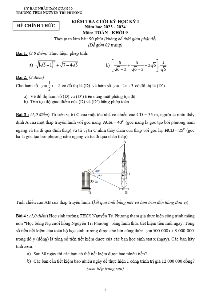 Đề thi Học kì 1 Toán 9 năm 2023-2024 trường THCS Nguyễn Tri Phương (Tp. HCM)