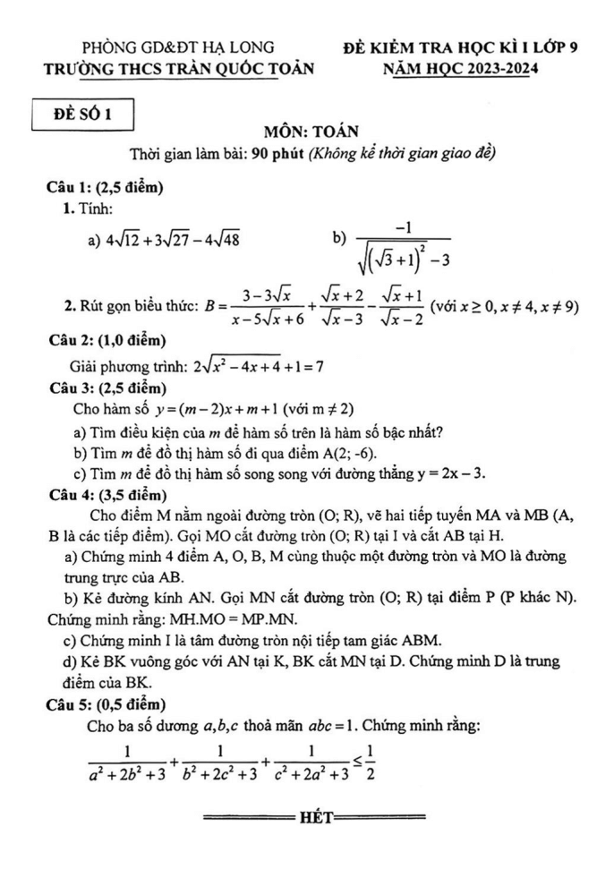 Đề thi Học kì 1 Toán 9 năm 2023-2024 trường THCS Trần Quốc Toản (Quảng Ninh)