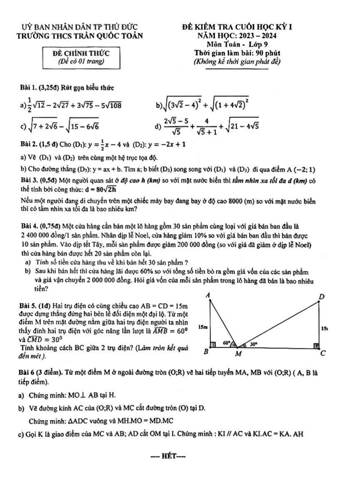 Đề thi Học kì 1 Toán 9 năm 2023-2024 trường THCS Trần Quốc Toản (Tp. HCM)