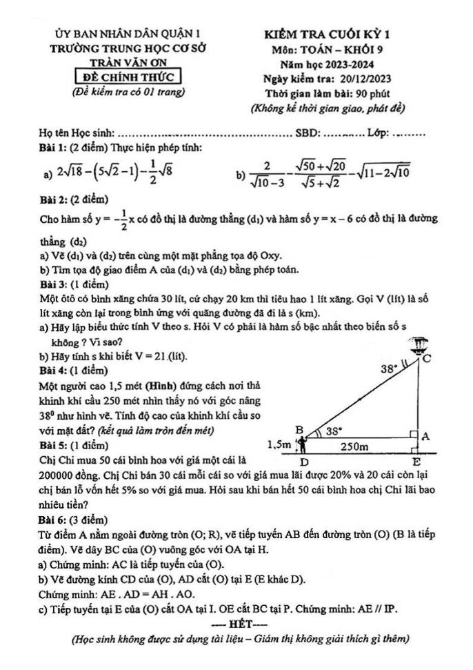 Đề thi Học kì 1 Toán 9 năm 2023-2024 trường THCS Trần Văn Ơn (Tp. HCM)