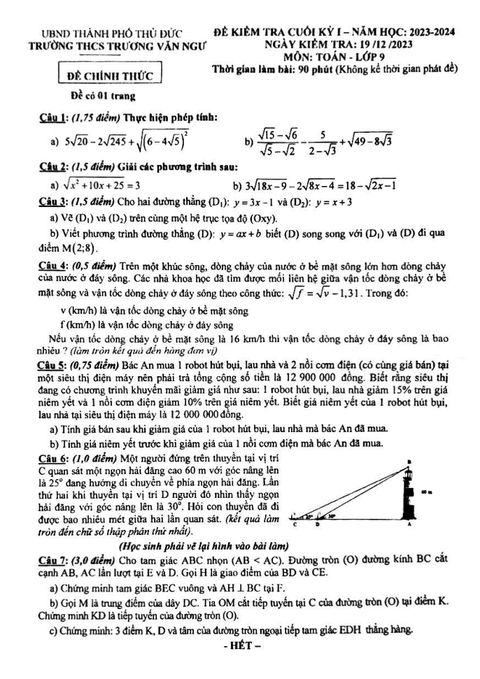 Đề thi Học kì 1 Toán 9 năm 2023-2024 trường THCS Trương Văn Ngư (Tp. HCM)