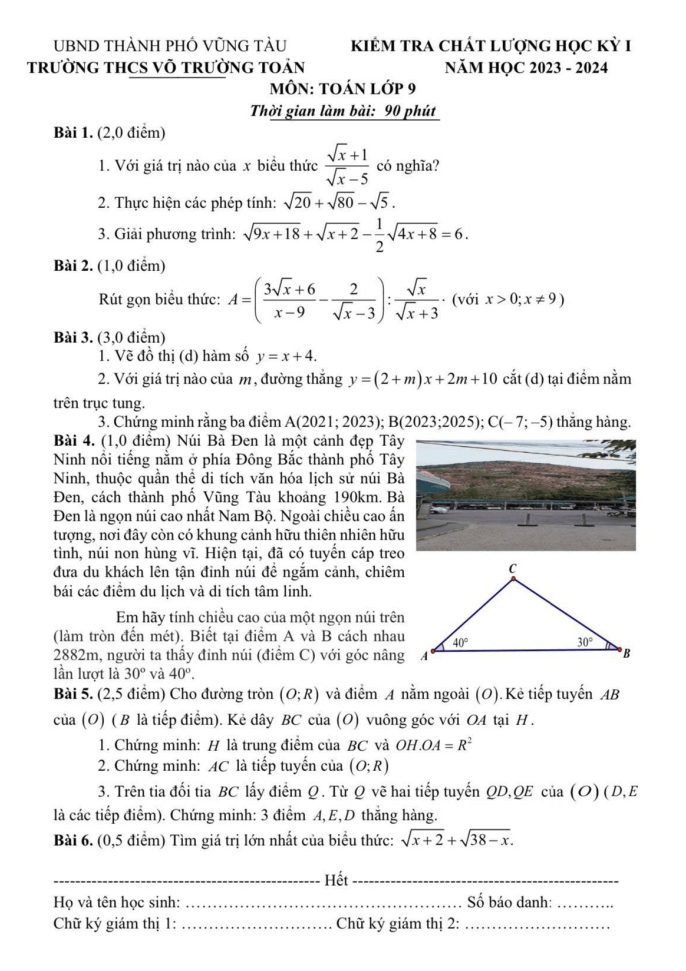 Đề thi Học kì 1 Toán 9 năm 2023-2024 trường THCS Võ Trường Toản (Bà Rịa - Vũng Tàu)