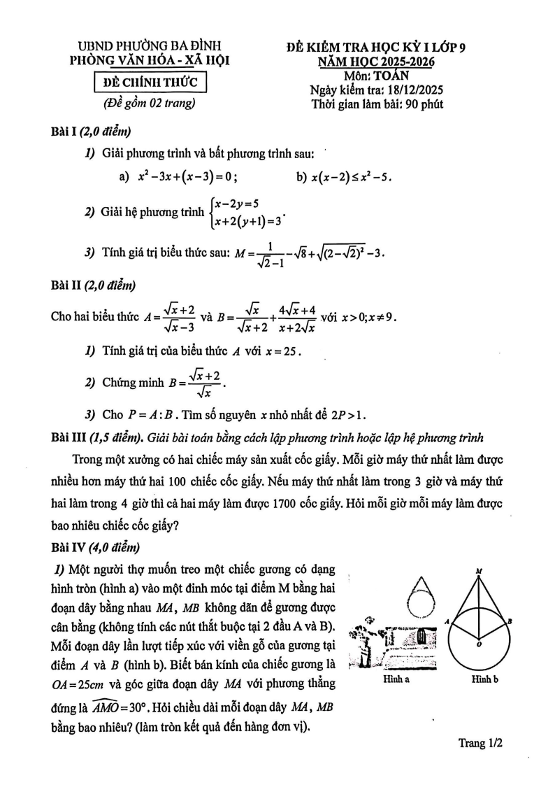 Đề thi Học kì 1 Toán 9 phường Ba Đình năm 2025-2026