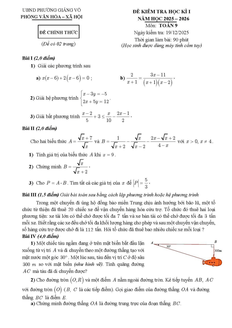 Đề thi Học kì 1 Toán 9 phường Giảng Võ năm 2025-2026