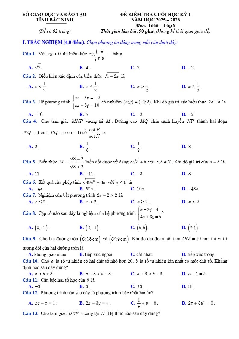 Đề thi Học kì 1 Toán 9 sở GD&ĐT Bắc Ninh năm 2025-2026