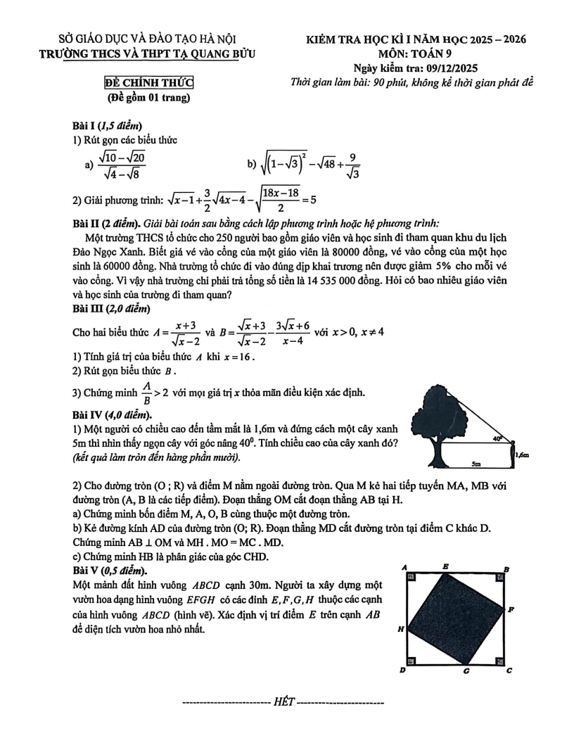 Đề thi Học kì 1 Toán 9 trường Tạ Quang Bửu năm 2025-2026