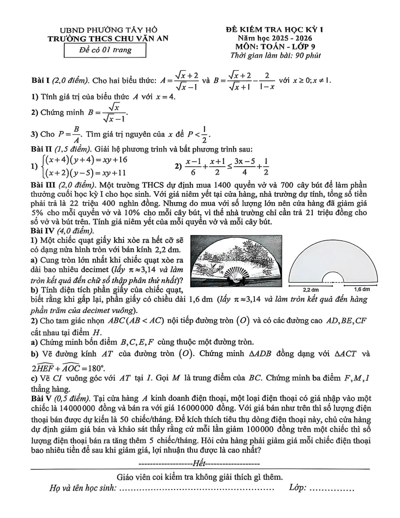 Đề thi Học kì 1 Toán 9 trường THCS Chu Văn An (Hà Nội) năm 2025-2026
