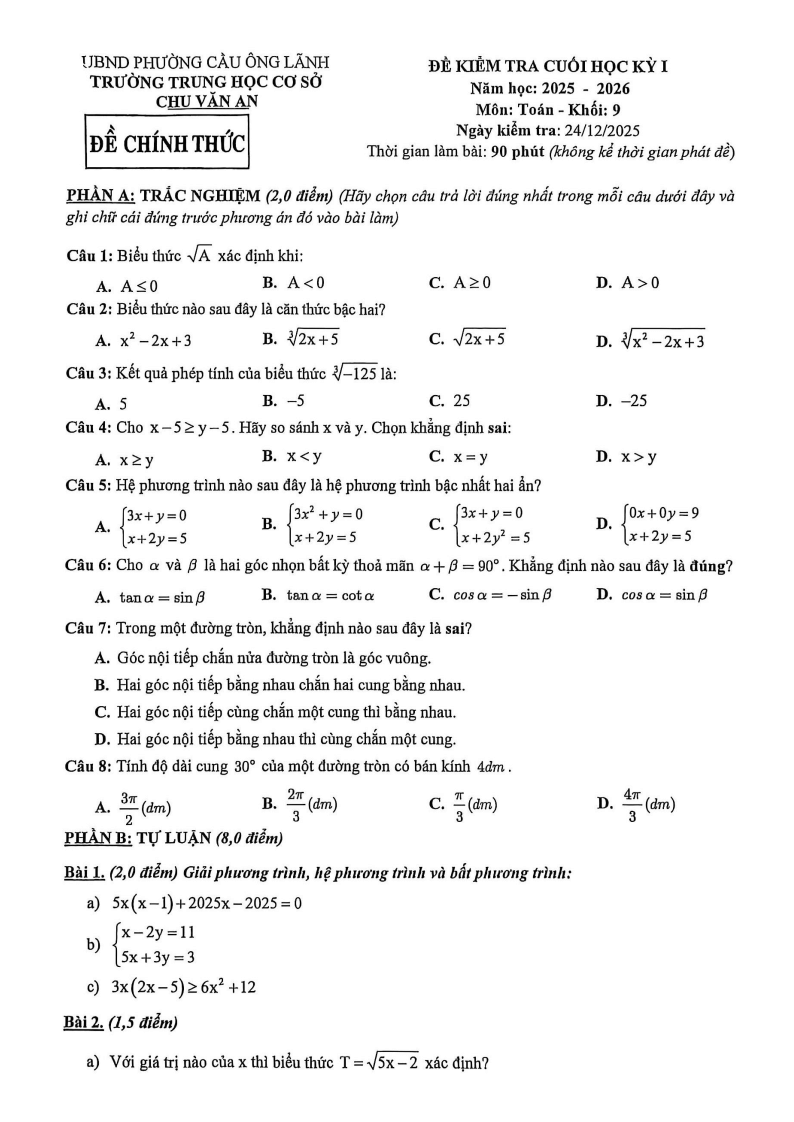 Đề thi Học kì 1 Toán 9 trường THCS Chu Văn An (Tp.HCM) năm 2025-2026